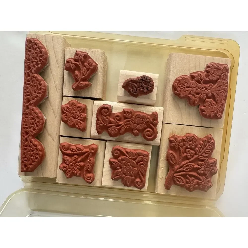 Stampin Up! 2001 Elegant Embroidery Rubber stamp Wood Vintage LOT #DR